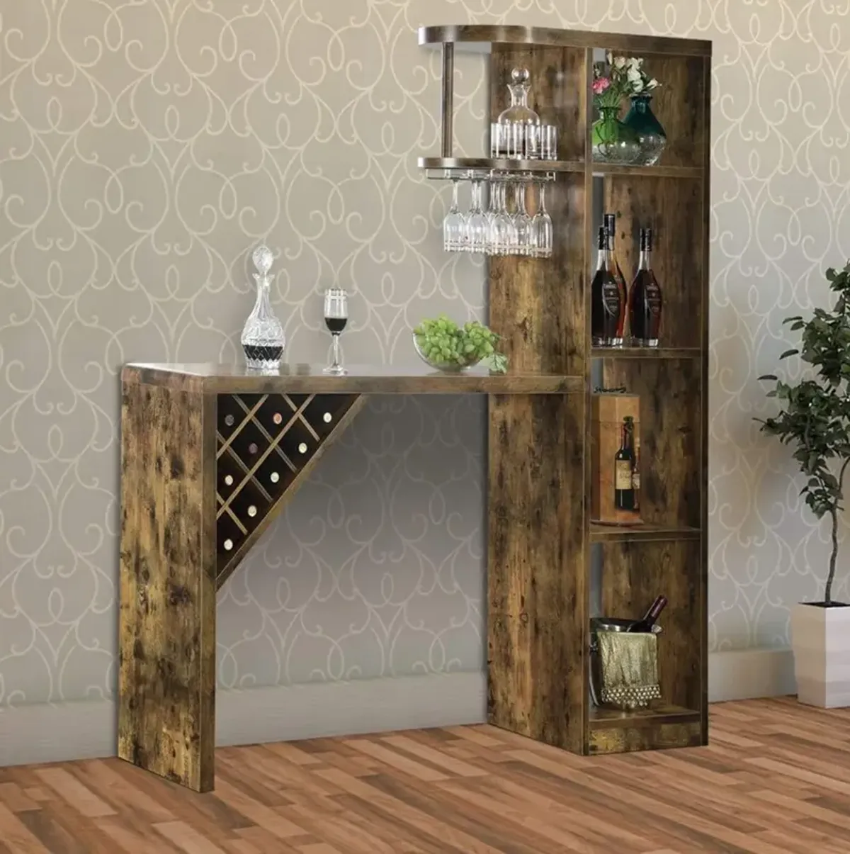 Wooden Bar Unit With Open Compartments and Diagonal Wine Section, Brown-Benzara