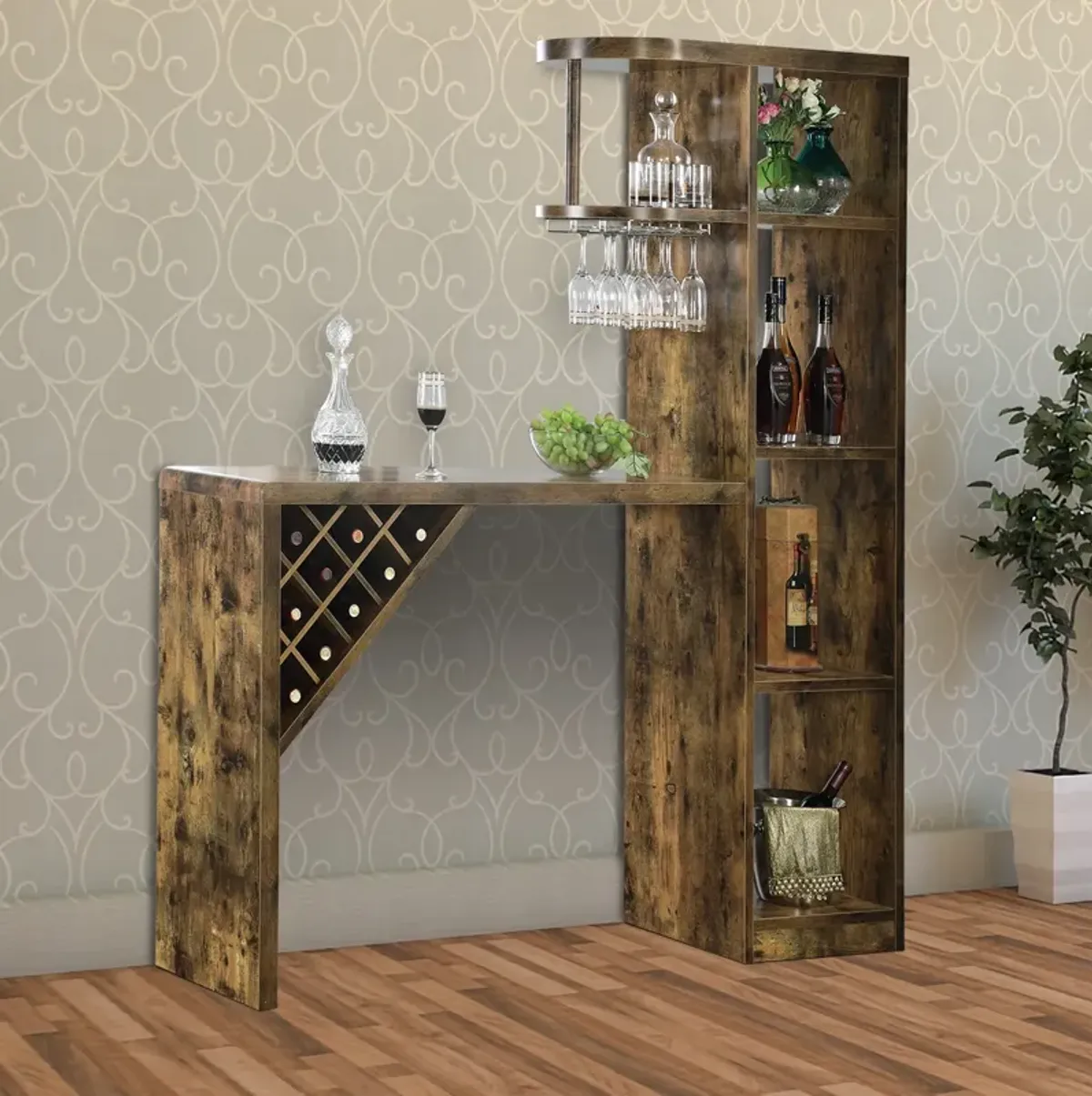 Wooden Bar Unit With Open Compartments and Diagonal Wine Section, Brown-Benzara