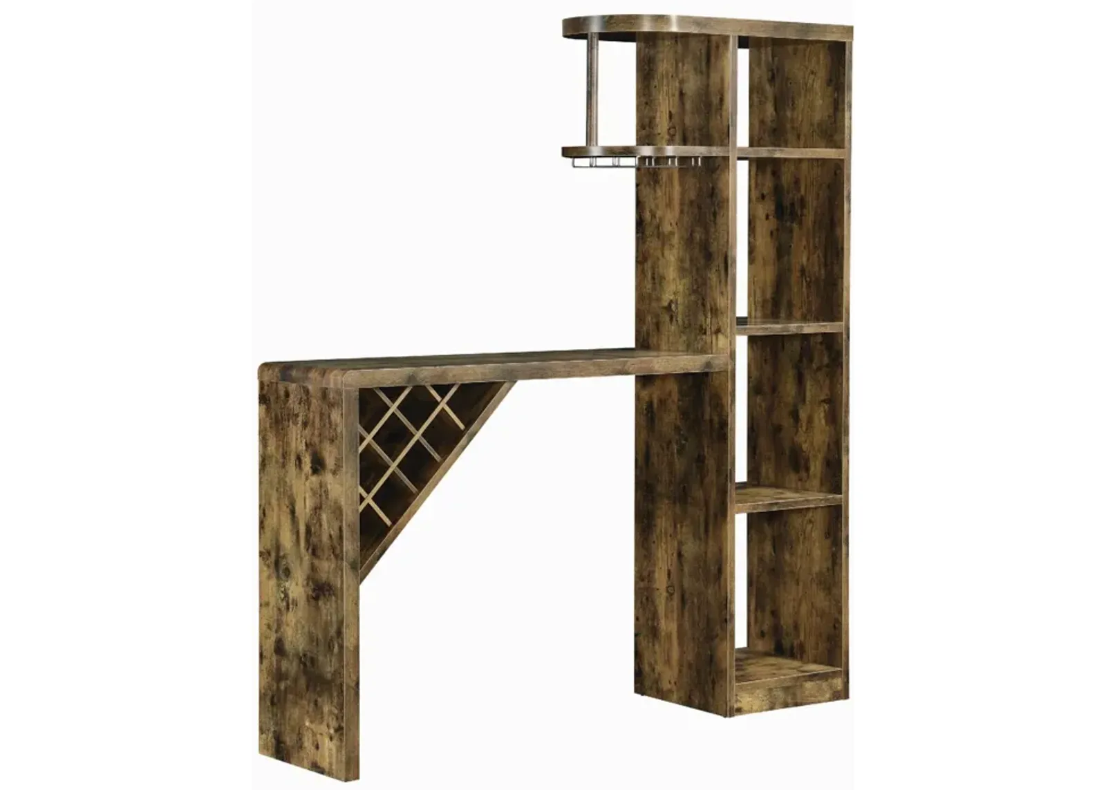 Wooden Bar Unit With Open Compartments and Diagonal Wine Section, Brown-Benzara