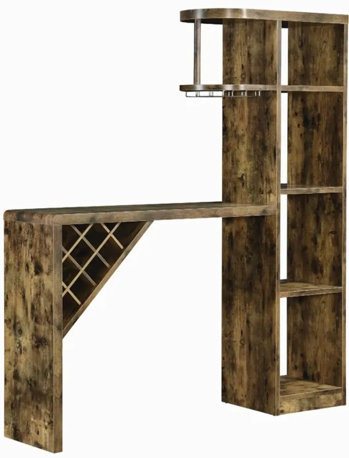 Wooden Bar Unit With Open Compartments and Diagonal Wine Section, Brown-Benzara