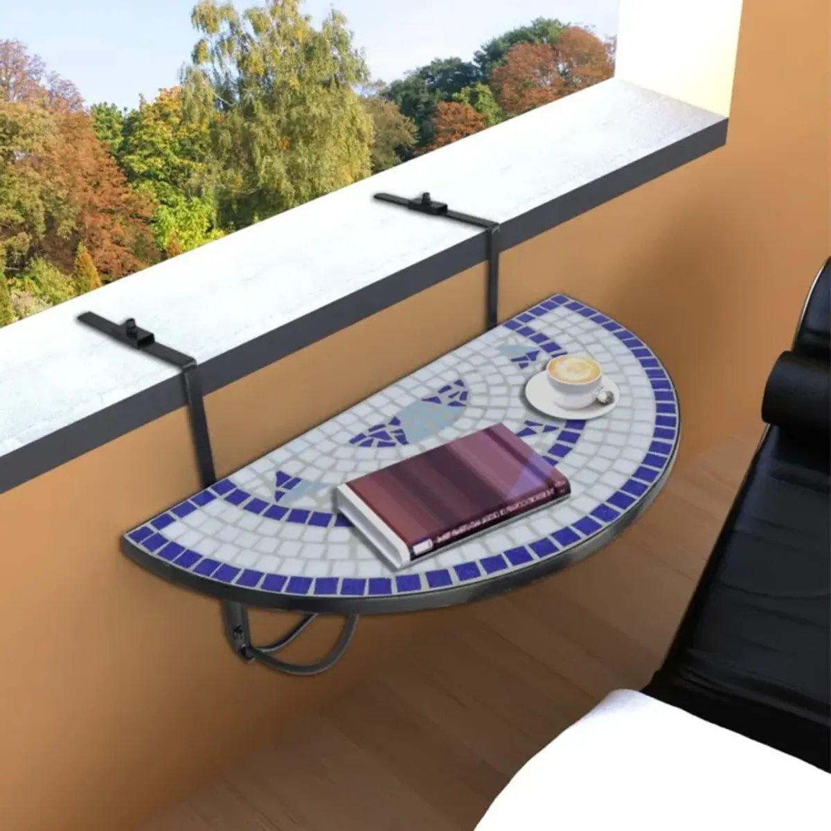 vidaXL Hanging Balcony Table Blue and White Mosaic