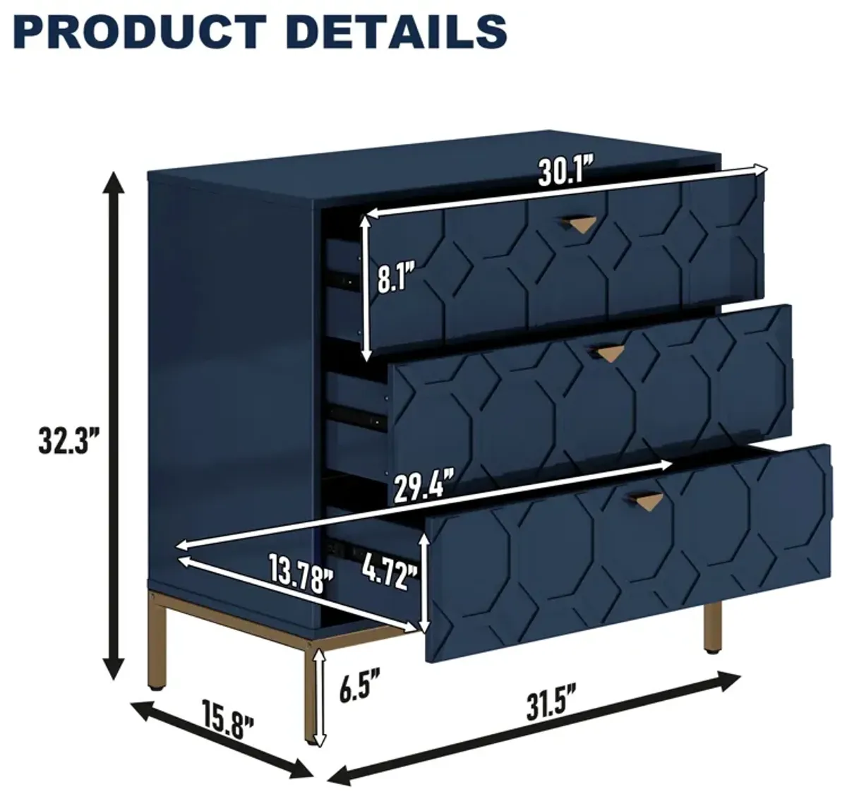 MONDAWE Freestranding Honeycomb Wooden 3-Drawer Storage Cabinet Table