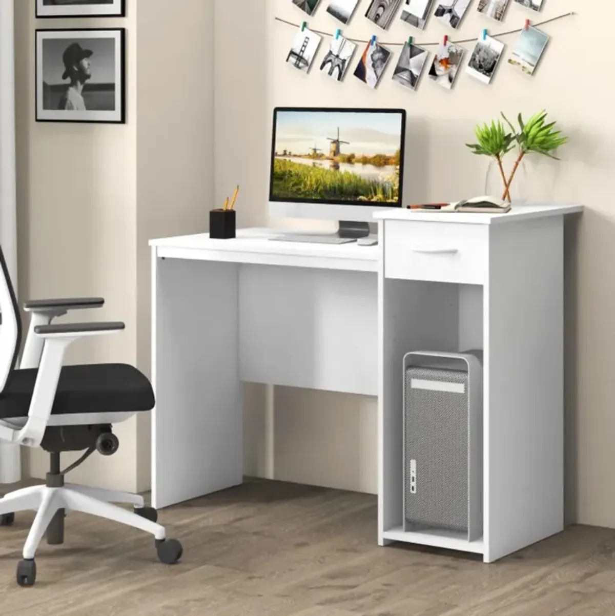 Hivvago Computer Desk with Drawer Modern Laptop PC Desk with Adjustable Shelf and Cable Hole