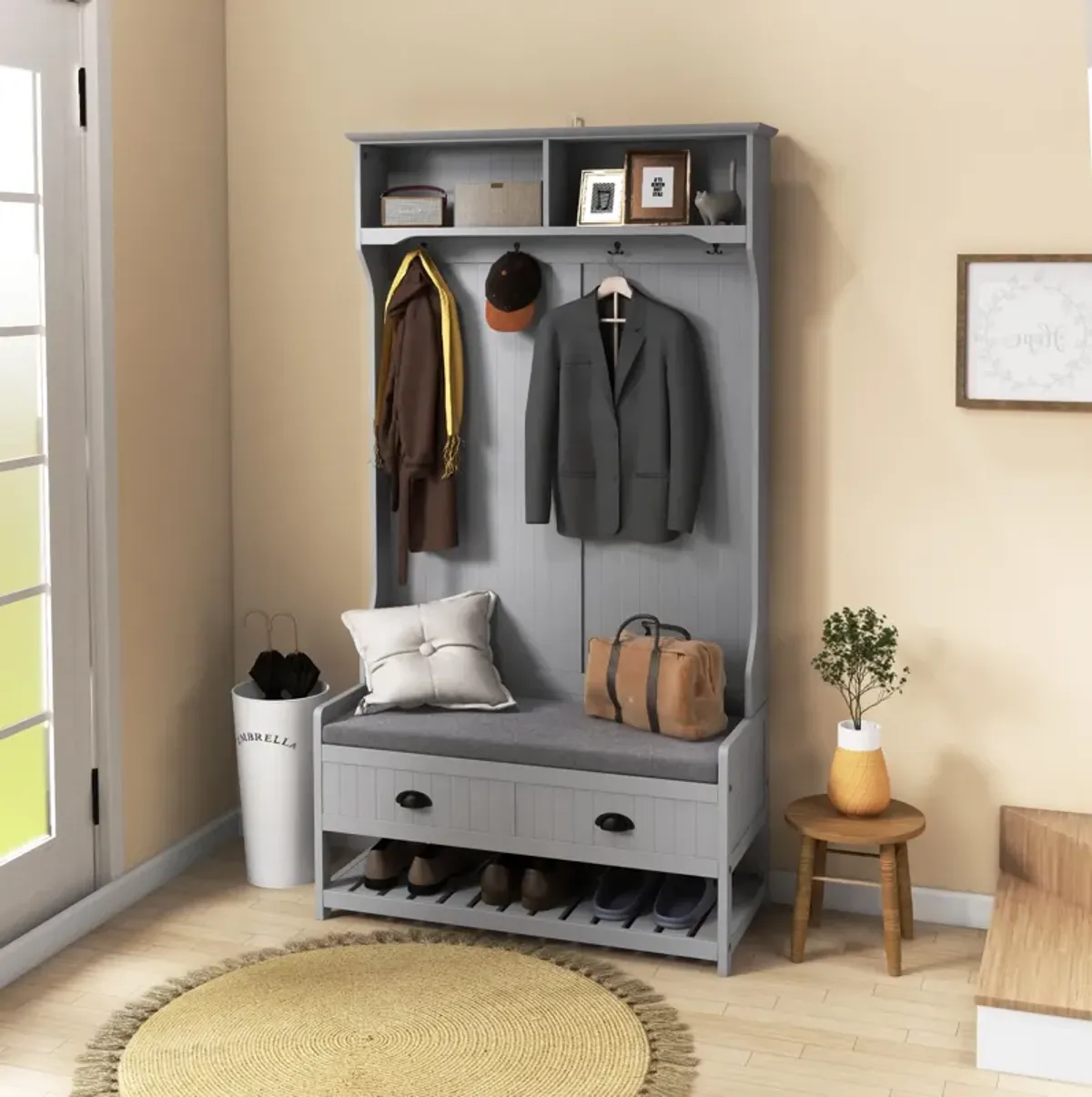 HOMCOM 3-in-1 Hall Tree, Entryway Bench with Coat Rack, Mudroom Bench with Shoe Rack, 2 Storage Drawers, 4 Hooks and Padded Seat Cushions for Hallway, Gray