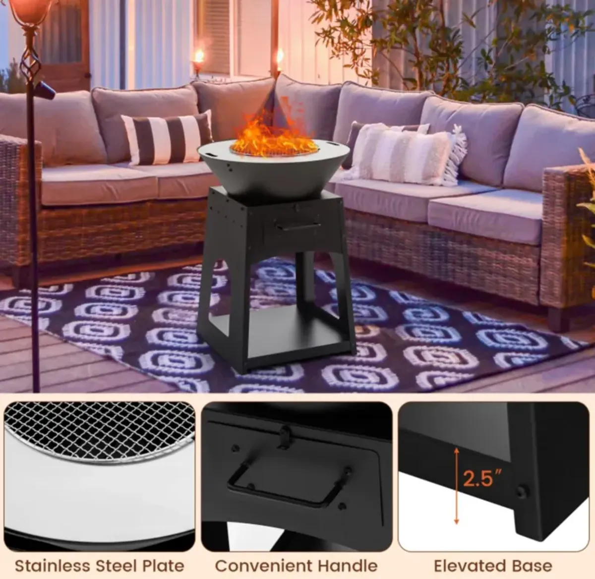 Hivvago Patio Fire Pit with Firewood Log Rack with Grill and Ash Box