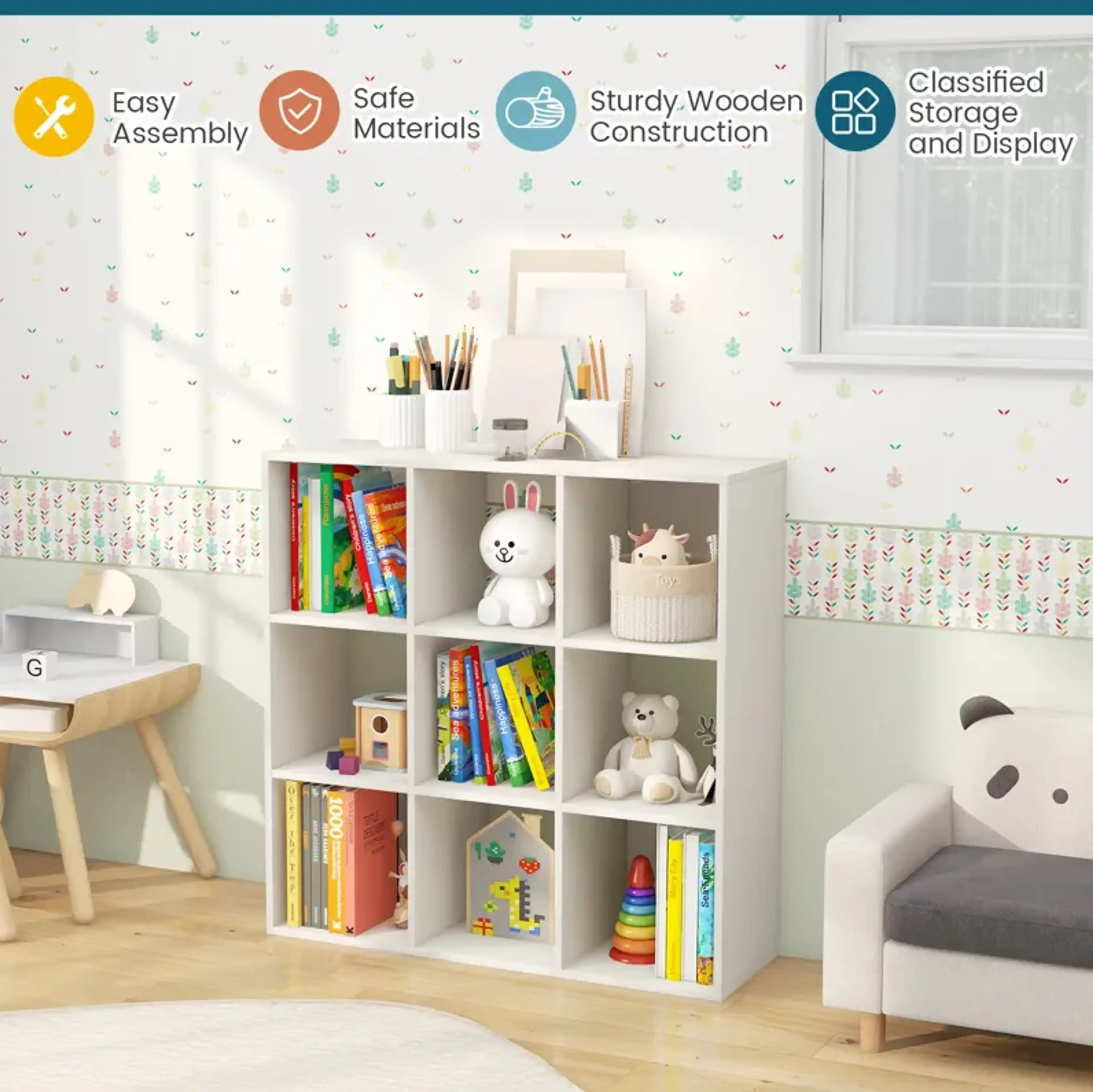 Wooden Kids Bookcase With Storage Cubbies And Anti Toppling Devices ...
