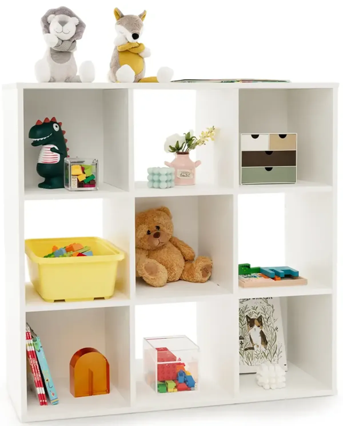 Wooden Kids Bookcase with Storage Cubbies and Anti-toppling Devices-White