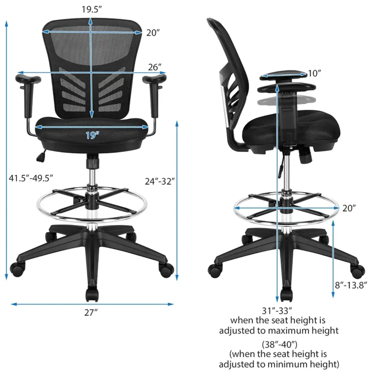 Costway Mesh Drafting Chair Office Chair w/Adjustable Armrests & Foot-Ring Black