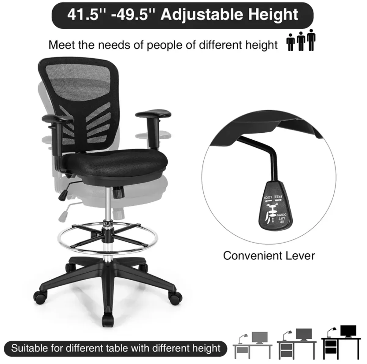 Costway Mesh Drafting Chair Office Chair w/Adjustable Armrests & Foot-Ring Black