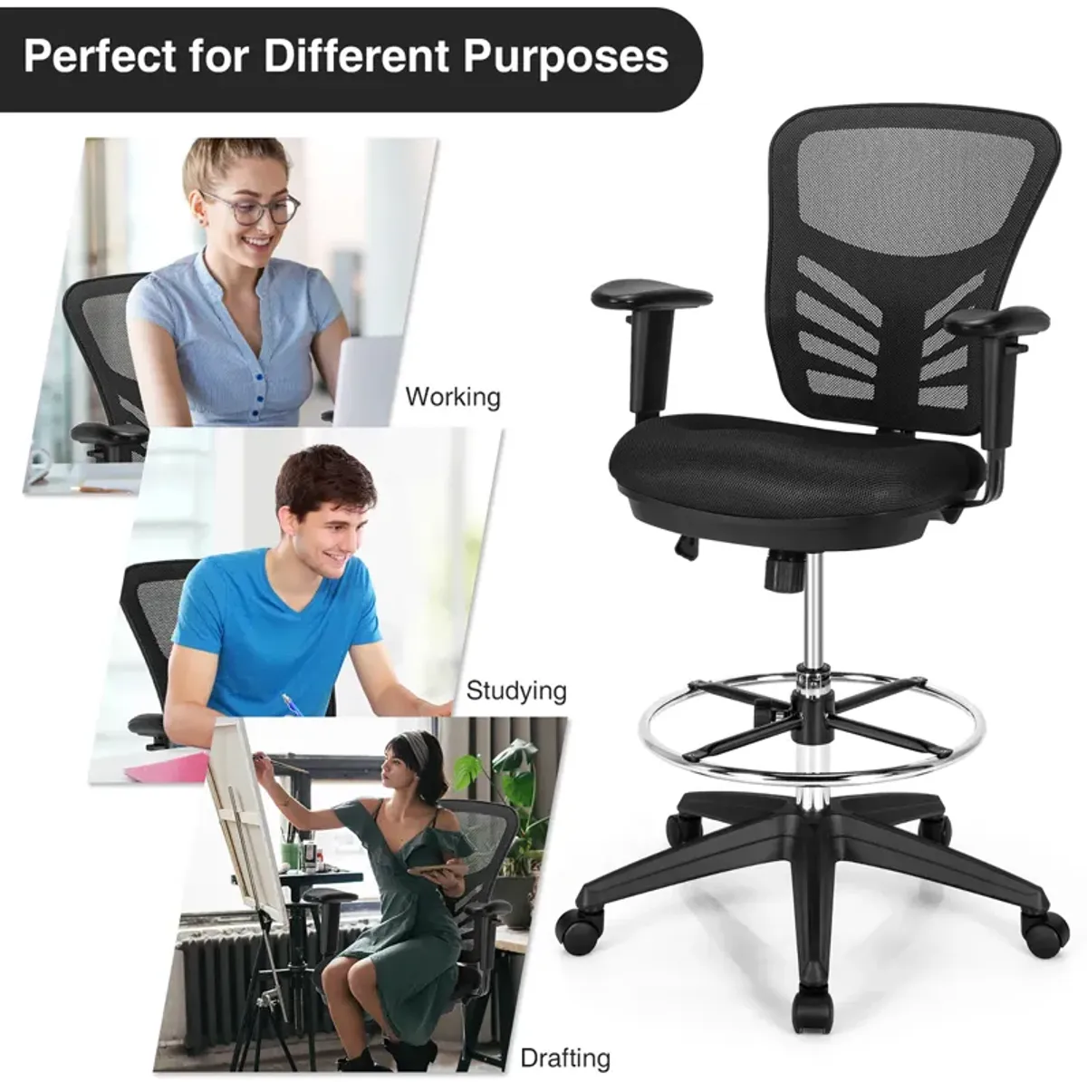 Costway Mesh Drafting Chair Office Chair w/Adjustable Armrests & Foot-Ring Black