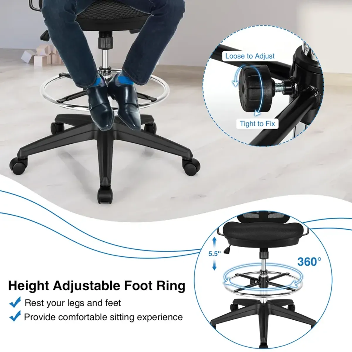 Costway Mesh Drafting Chair Office Chair w/Adjustable Armrests & Foot-Ring Black