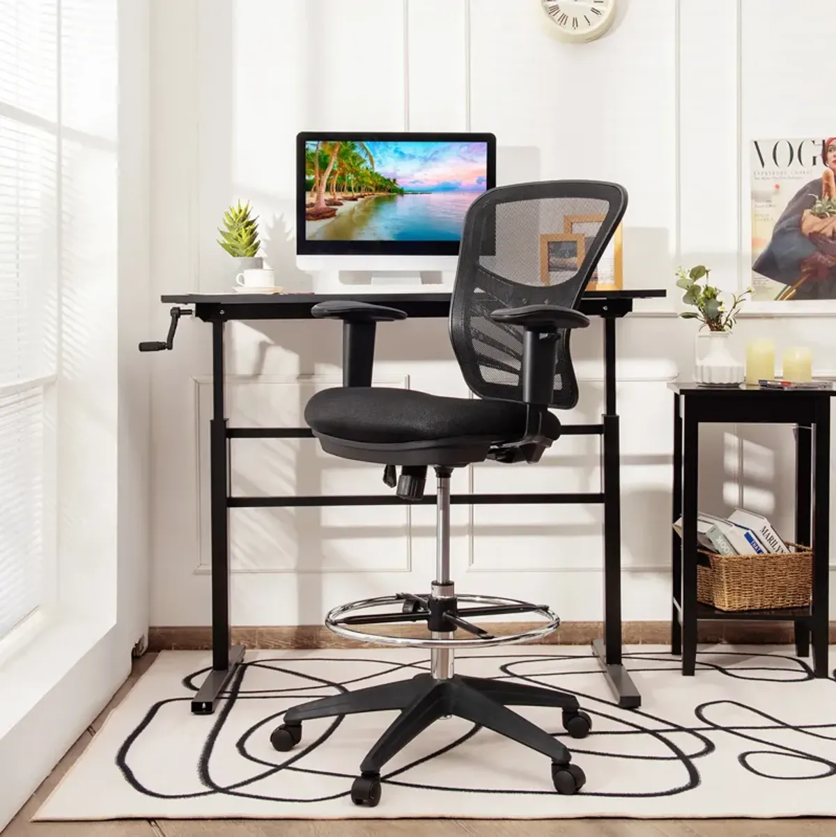 Costway Mesh Drafting Chair Office Chair w/Adjustable Armrests & Foot-Ring Black