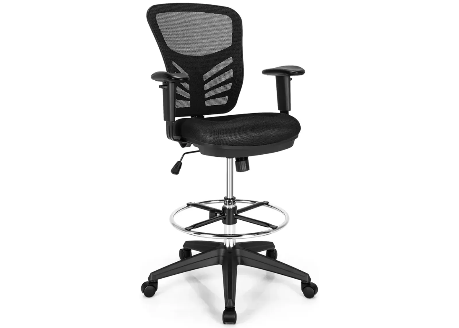 Costway Mesh Drafting Chair Office Chair w/Adjustable Armrests & Foot-Ring Black