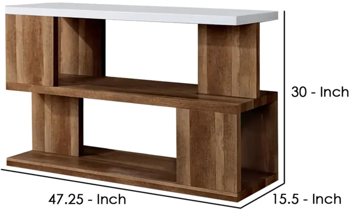 Two Tone Modern Sofa Table with Bottom Shelf, White and Brown-Benzara