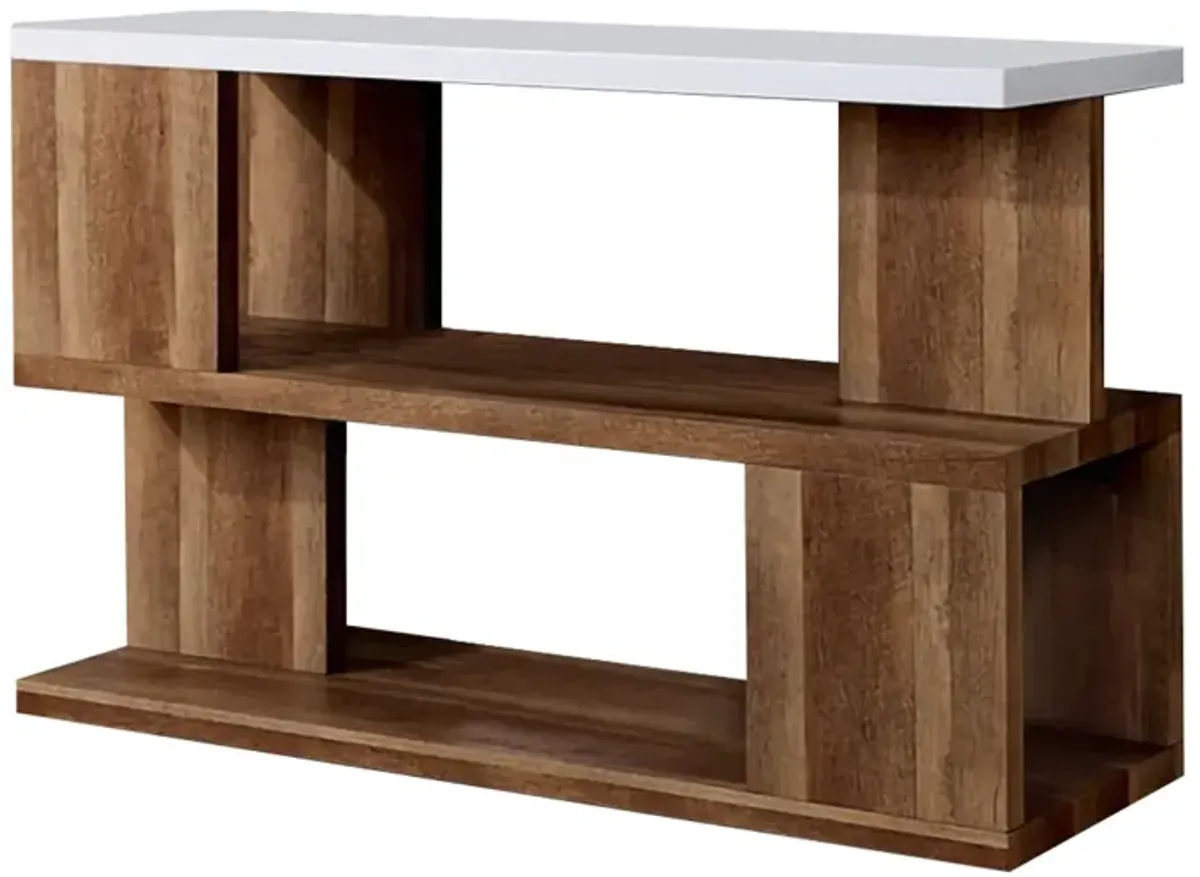 Two Tone Modern Sofa Table with Bottom Shelf, White and Brown-Benzara