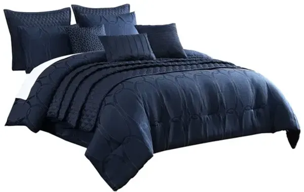 10 Piece King Polyester Comforter Set with Geometric Oblong Print, Dark Blue - Benzara