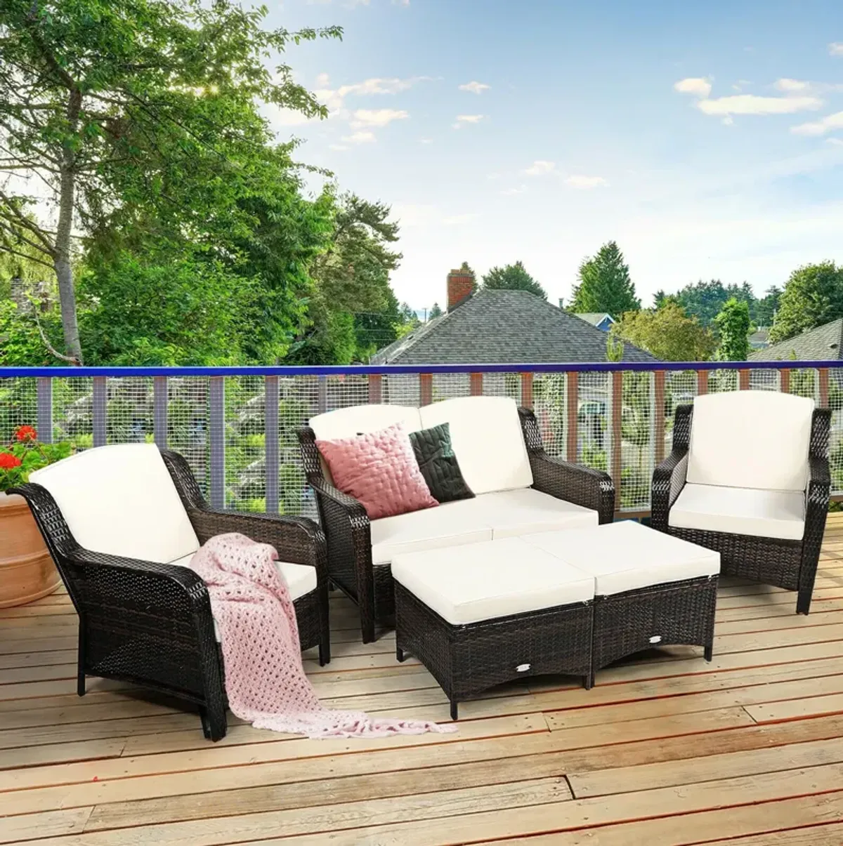 5 Pieces Patio Rattan Sofa Set with Cushion and Ottoman