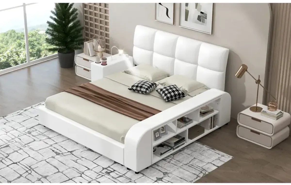 Queen Size Upholstered Platform Bed With Multimedia Nightstand And Storage Shelves, White