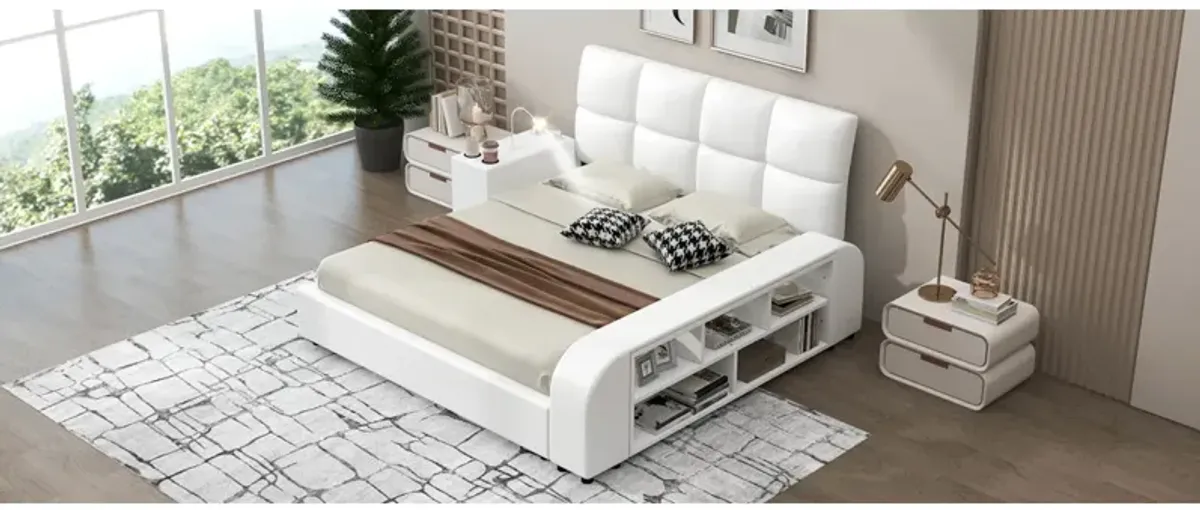 Queen Size Upholstered Platform Bed With Multimedia Nightstand And Storage Shelves, White