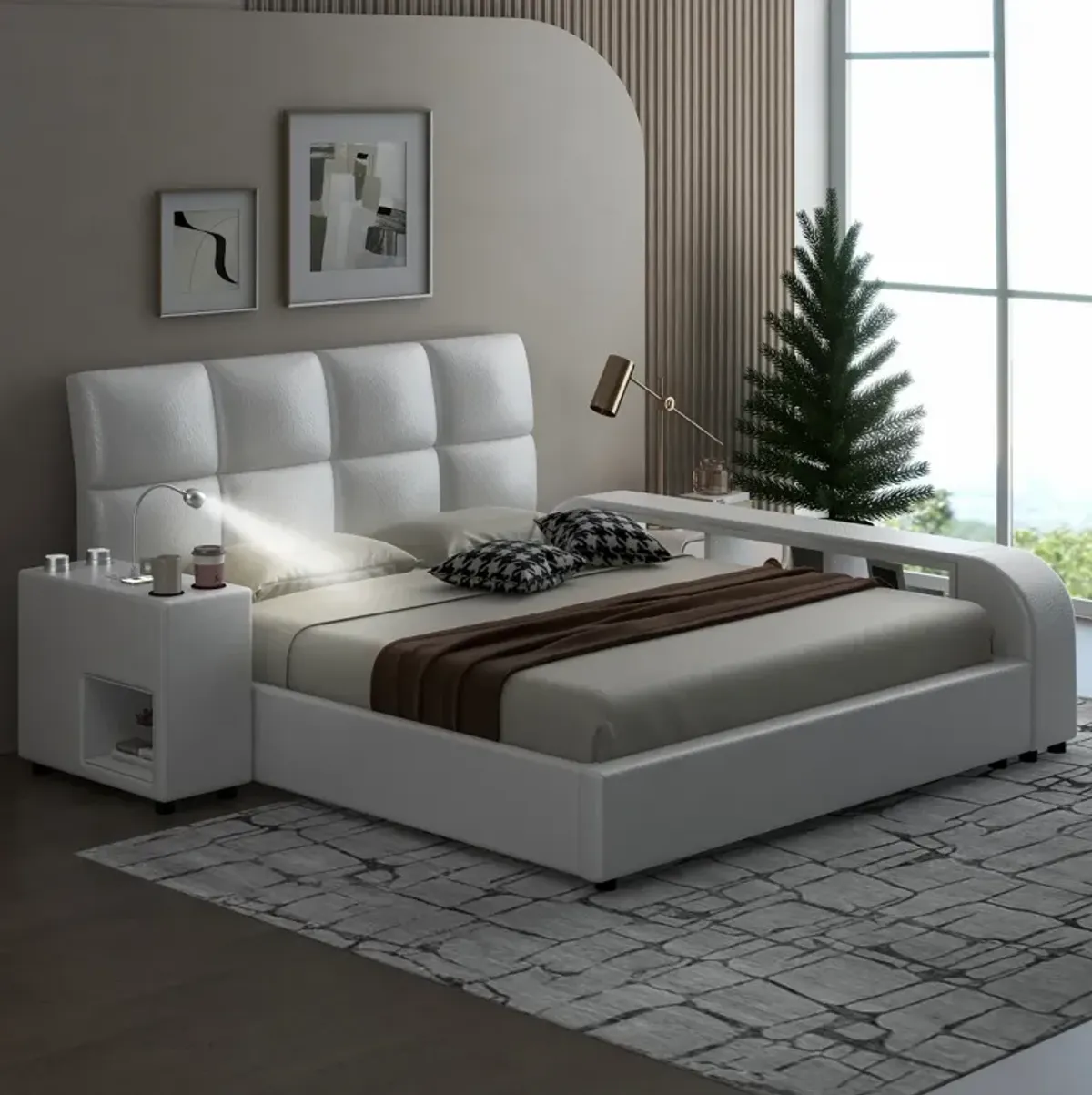 Queen Size Upholstered Platform Bed With Multimedia Nightstand And Storage Shelves, White