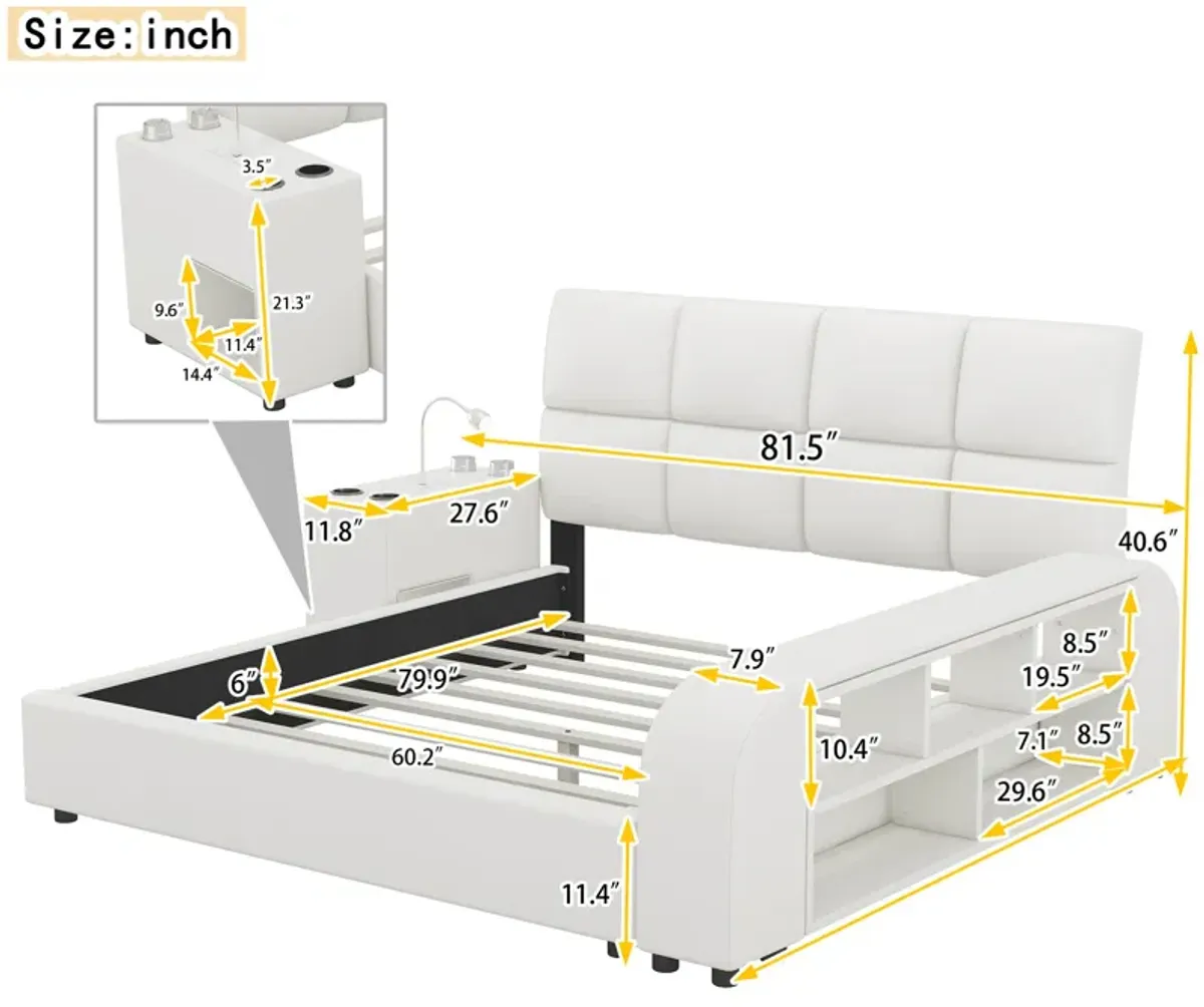 Queen Size Upholstered Platform Bed With Multimedia Nightstand And Storage Shelves, White