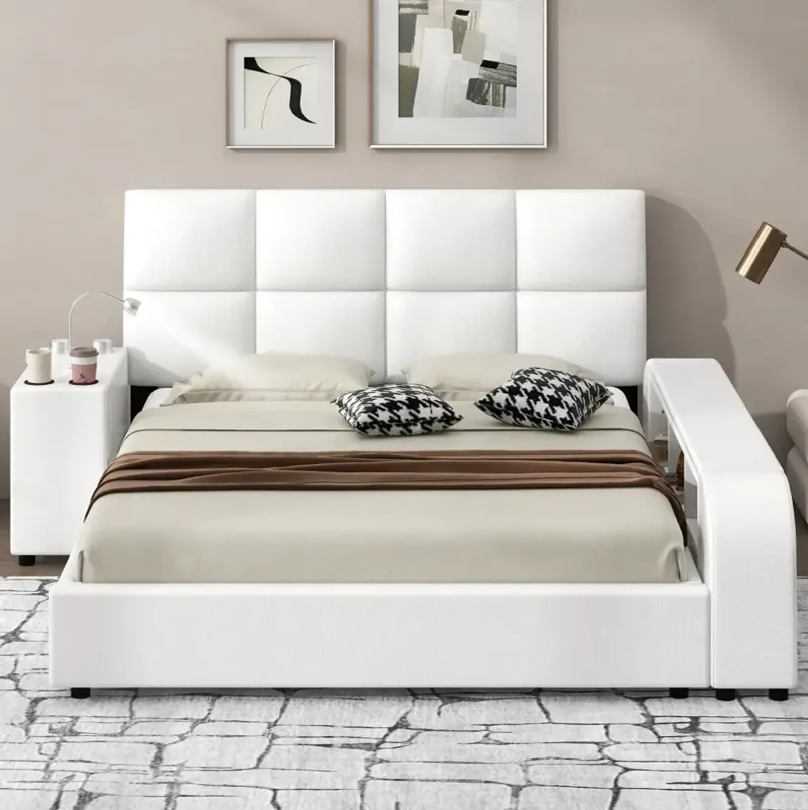 Queen Size Upholstered Platform Bed With Multimedia Nightstand And Storage Shelves, White