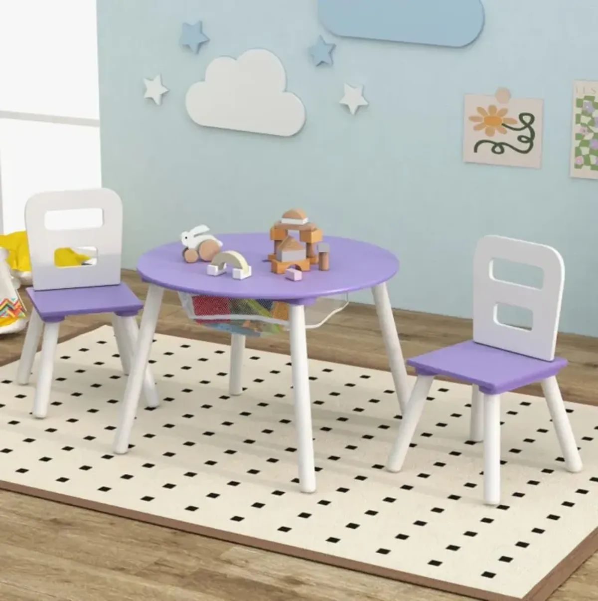 Hivvago Wood Activity Kids Table and Chair Set with Center Mesh Storage