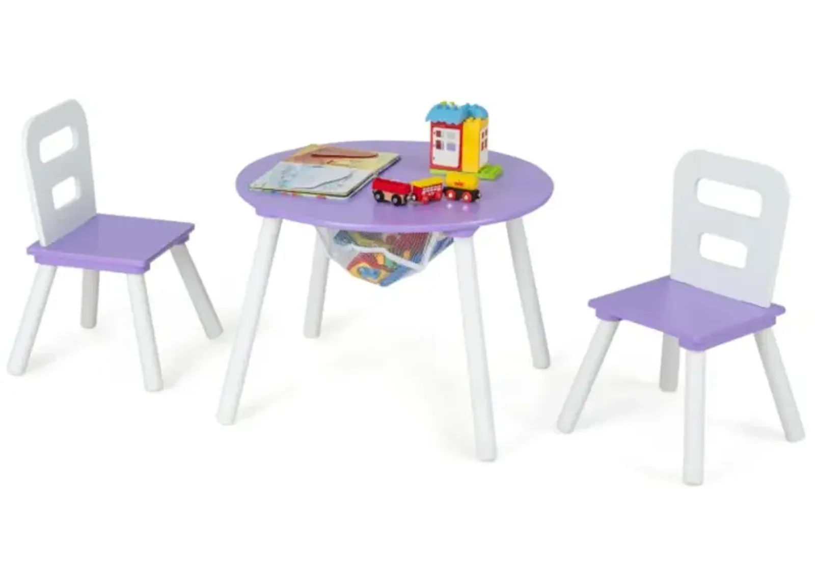 Hivvago Wood Activity Kids Table and Chair Set with Center Mesh Storage