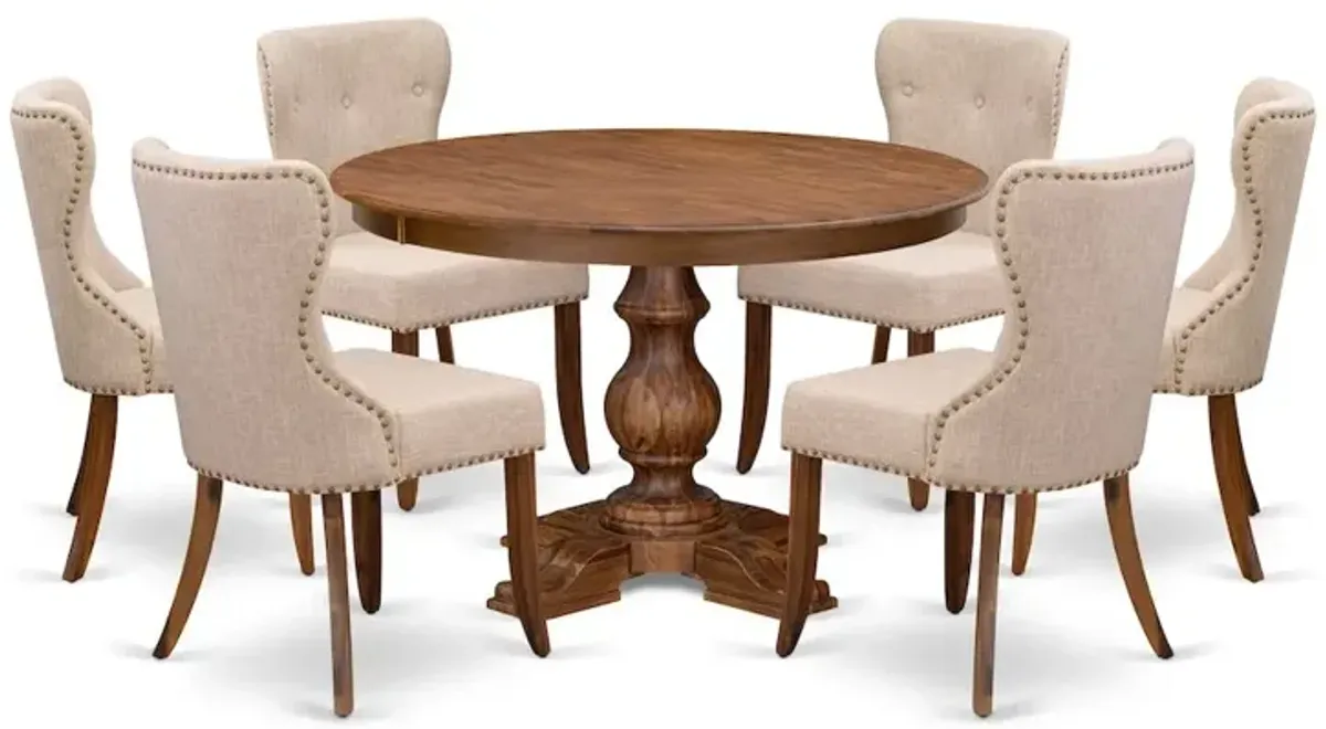 7-Pc Kitchen Set Of A Pedestal Dining Table, 6 Light Tan Fabric Kitchen Chairs