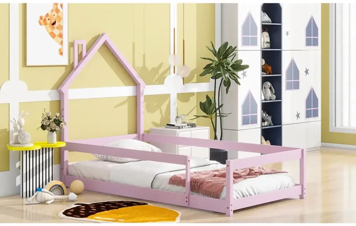 Twin Size Wood Bed With Houseshaped Headboard Floor Bed With Fences, Pink