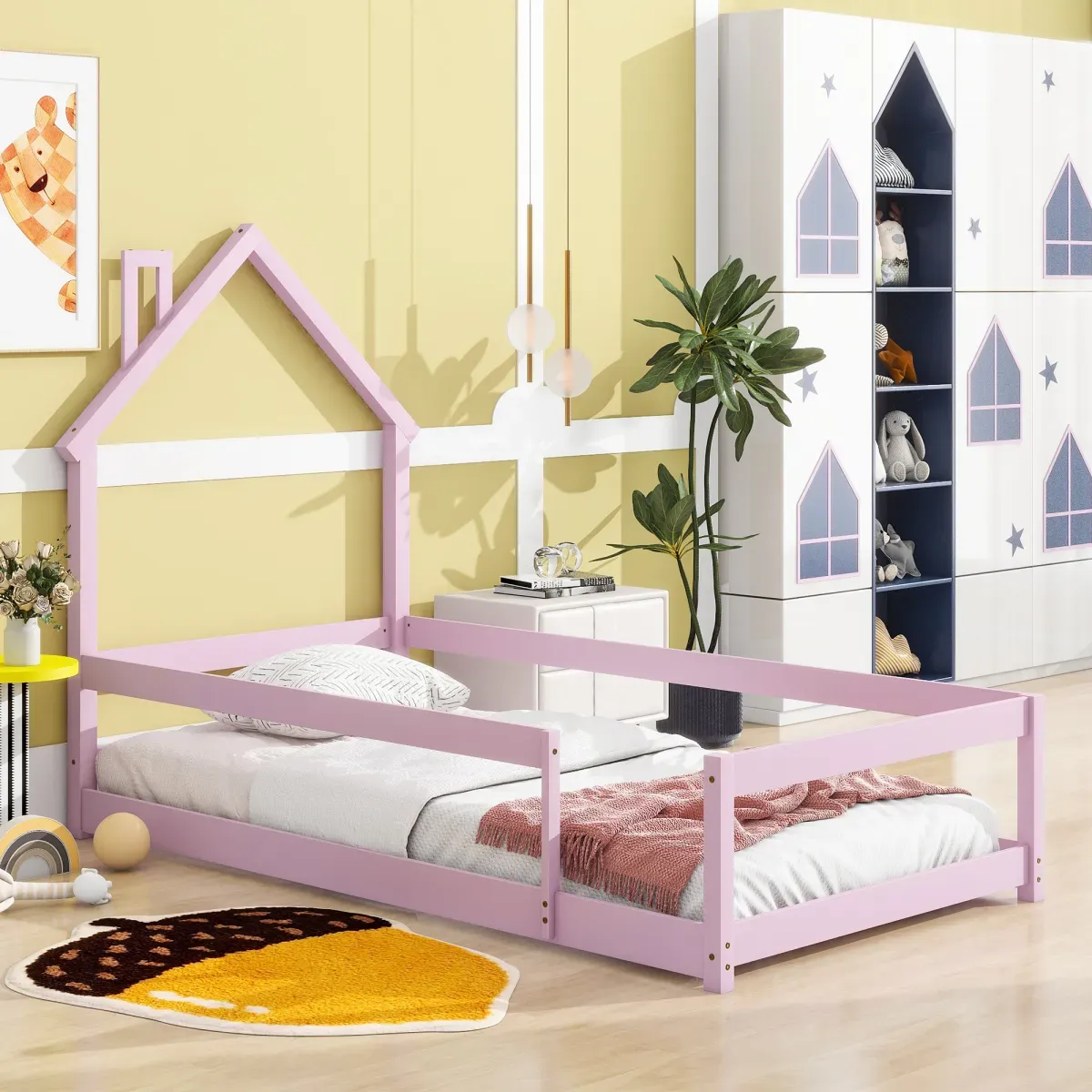 Twin Size Wood Bed With Houseshaped Headboard Floor Bed With Fences, Pink