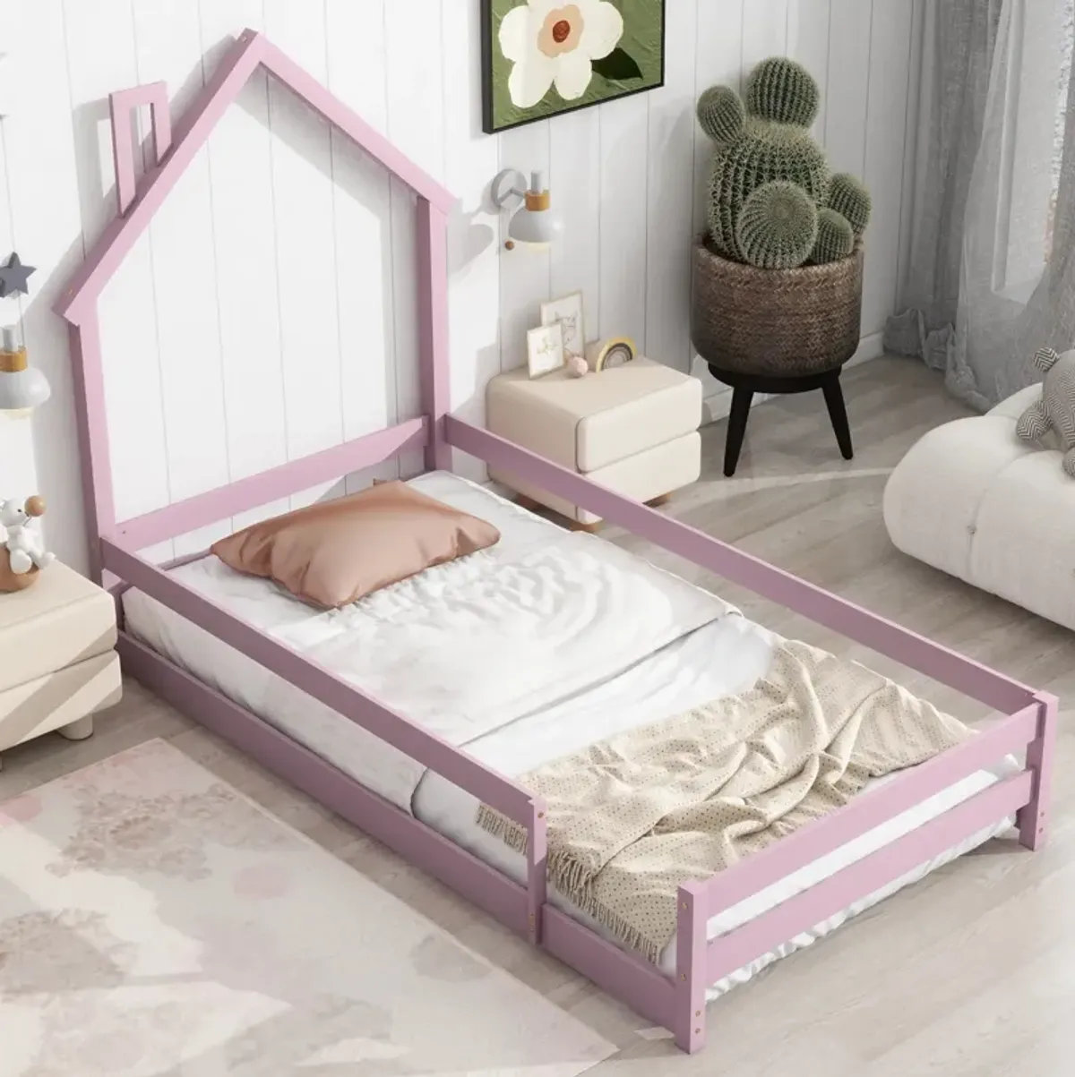 Twin Size Wood Bed With Houseshaped Headboard Floor Bed With Fences, Pink