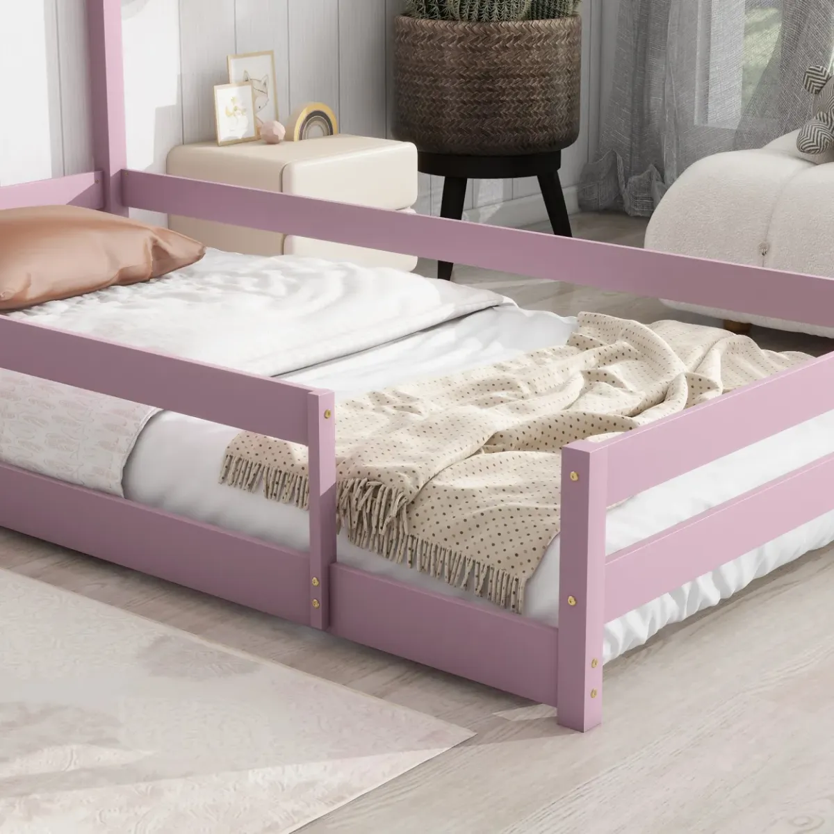 Twin Size Wood Bed With Houseshaped Headboard Floor Bed With Fences, Pink