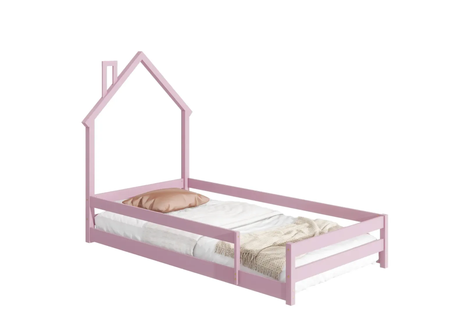 Twin Size Wood Bed With Houseshaped Headboard Floor Bed With Fences, Pink