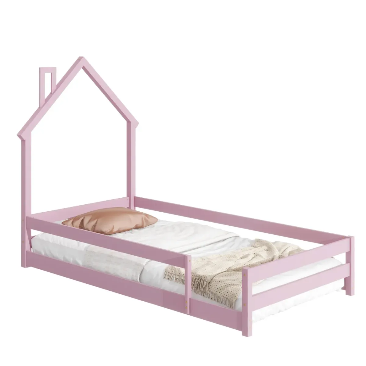 Twin Size Wood Bed With Houseshaped Headboard Floor Bed With Fences, Pink