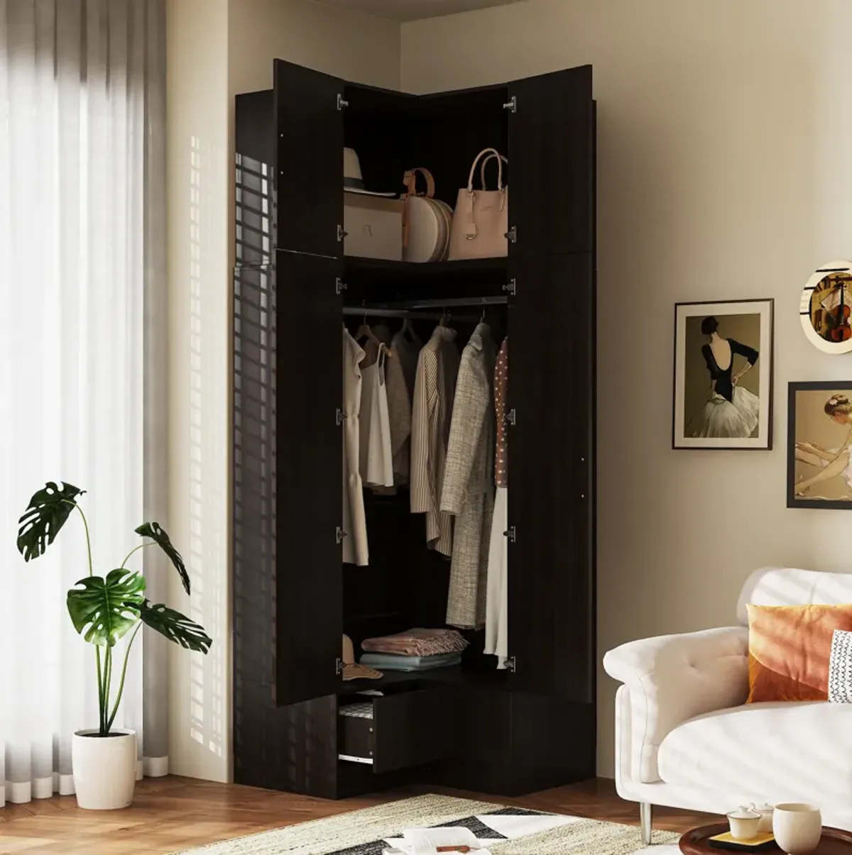 FUFU&GAGA Corner Wardrobe with Top Cabinet and Drawers, (35.4" W x 35.4" D x 94.5" H),White