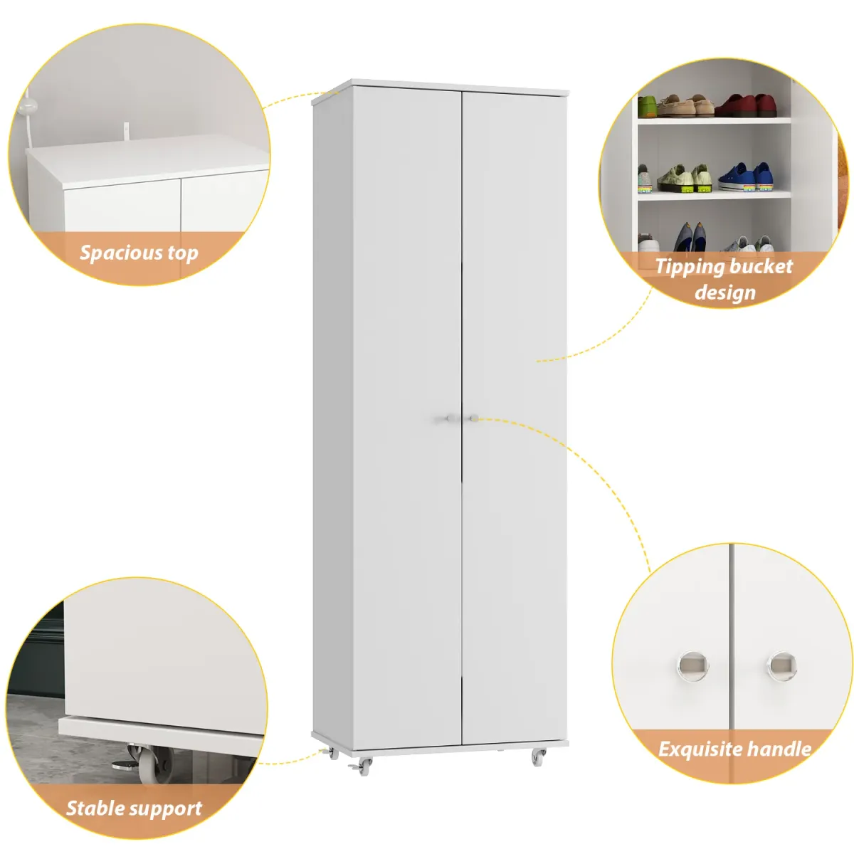 Tall Shoe Rack with Doors & Wheels, Entryway Shoe Cabinet with 8-Tier Shelf, Wood Shoe Storage Organizer for Entryway, White (23.6" W x 15.7" D x 70.9" H)