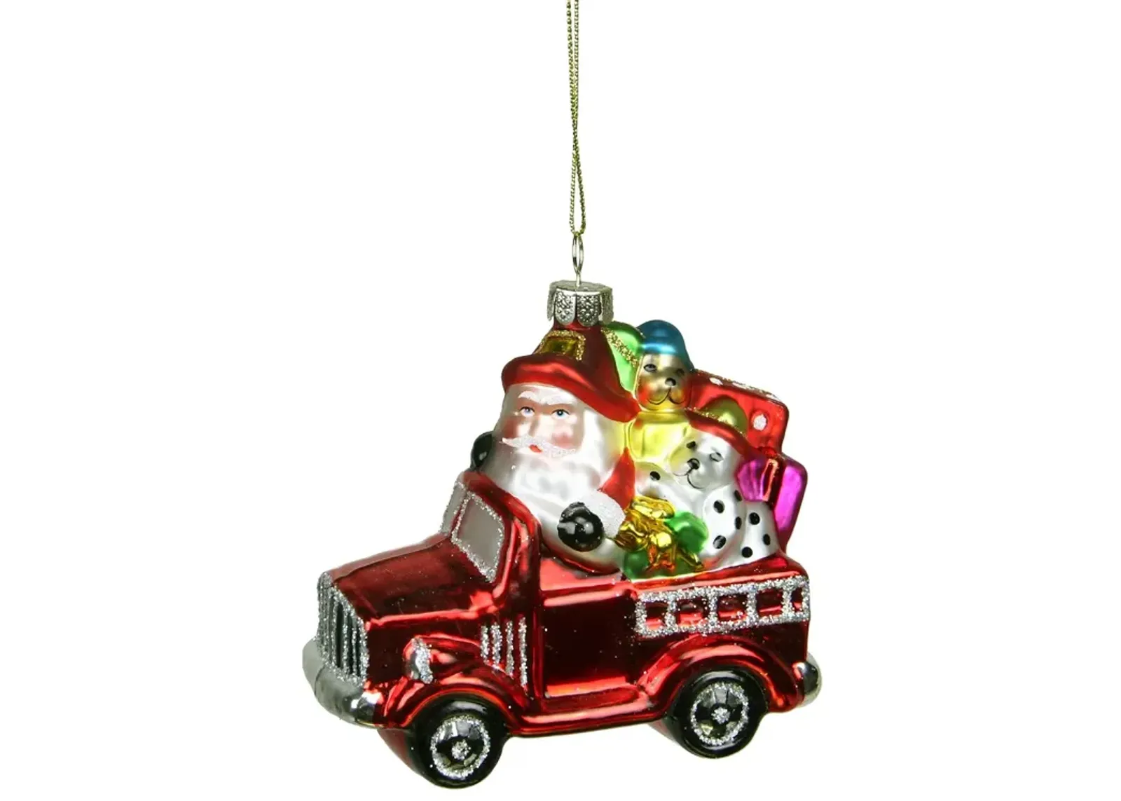 4" Red Fire Truck with Santa and Presents Glass Christmas Ornament