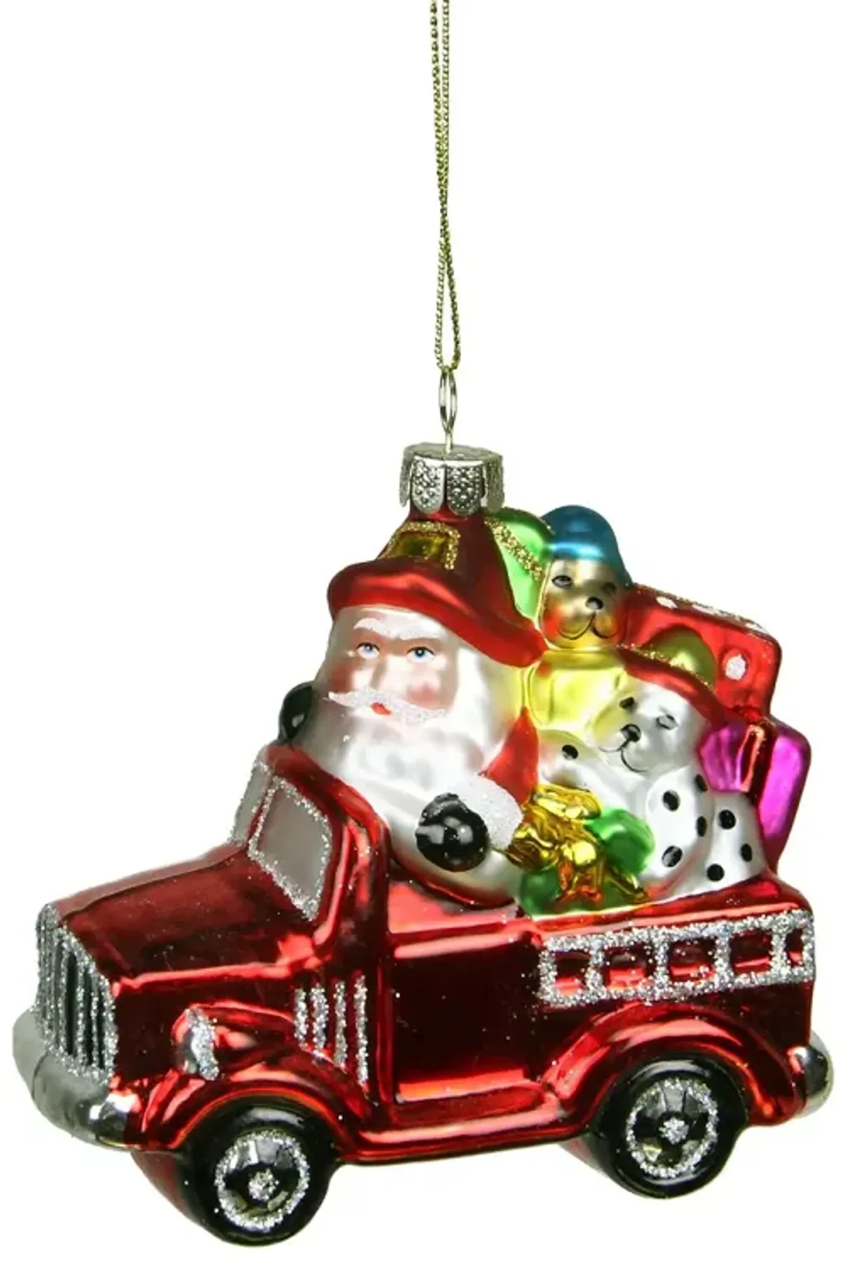 4" Red Fire Truck with Santa and Presents Glass Christmas Ornament