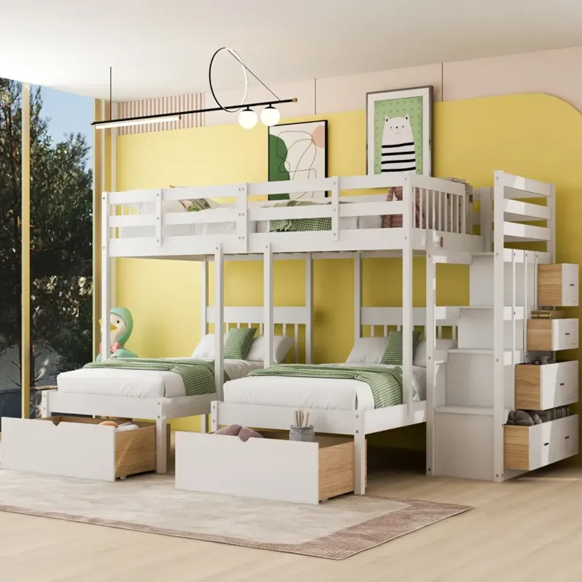 Full Over Twin & Twin Bunk Bed, Wood Triple Bunk Bed With Drawers And Guardrails