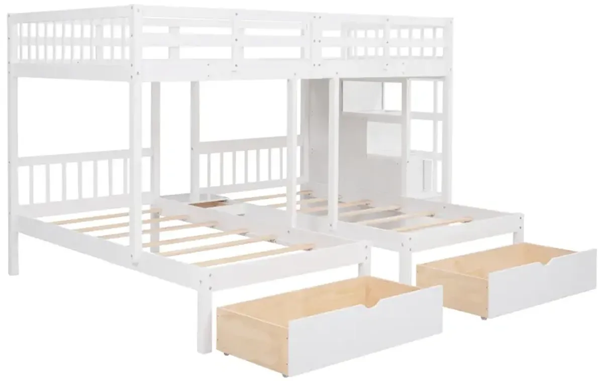 Full Over Twin & Twin Bunk Bed, Wood Triple Bunk Bed With Drawers And Guardrails