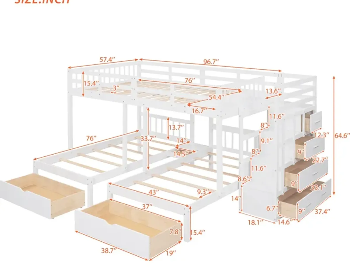 Full Over Twin & Twin Bunk Bed, Wood Triple Bunk Bed With Drawers And Guardrails