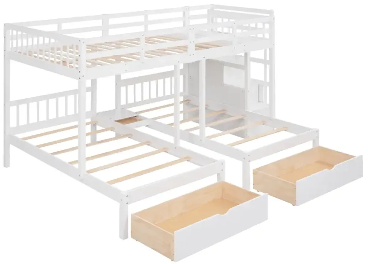 Full Over Twin & Twin Bunk Bed, Wood Triple Bunk Bed With Drawers And Guardrails