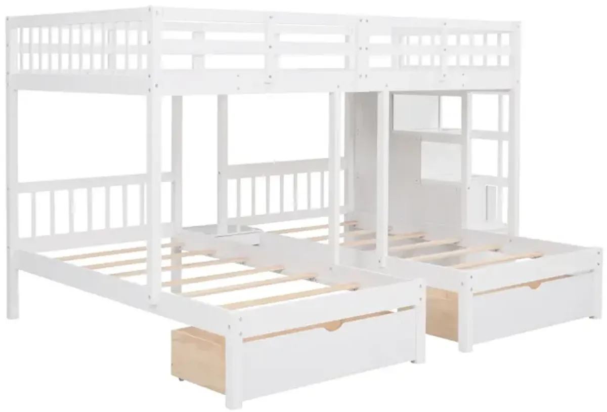 Full Over Twin & Twin Bunk Bed, Wood Triple Bunk Bed With Drawers And Guardrails