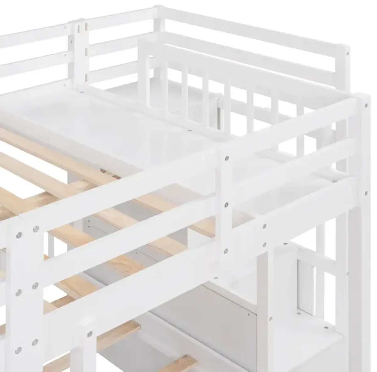 Full Over Twin & Twin Bunk Bed, Wood Triple Bunk Bed With Drawers And Guardrails