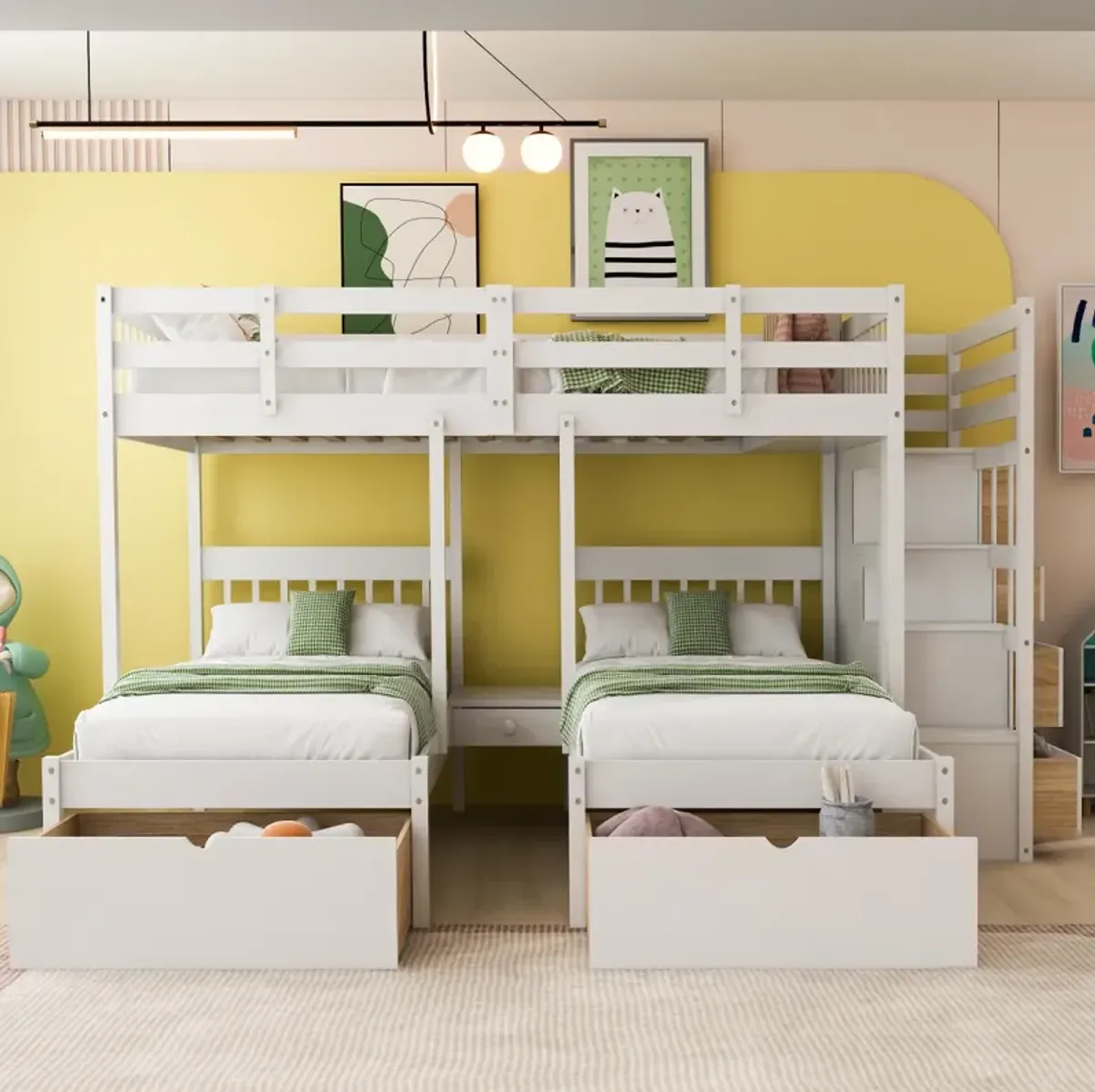 Full Over Twin & Twin Bunk Bed, Wood Triple Bunk Bed With Drawers And Guardrails