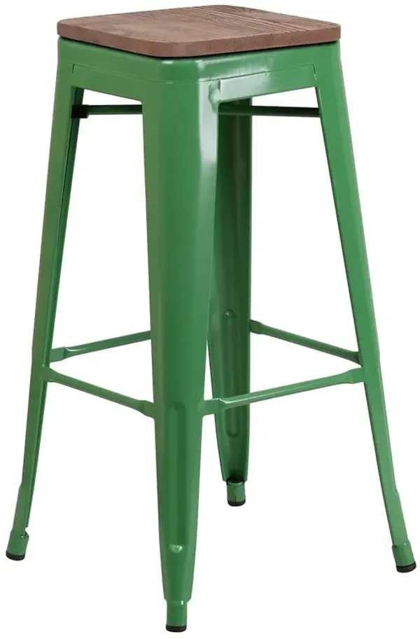 Flash Furniture Lily 30" High Backless Green Metal Barstool with Square Wood Seat