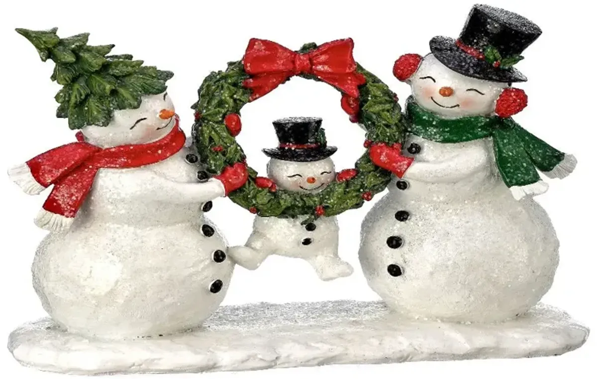 10" Resin Snowman Family with Kid in Wreath.