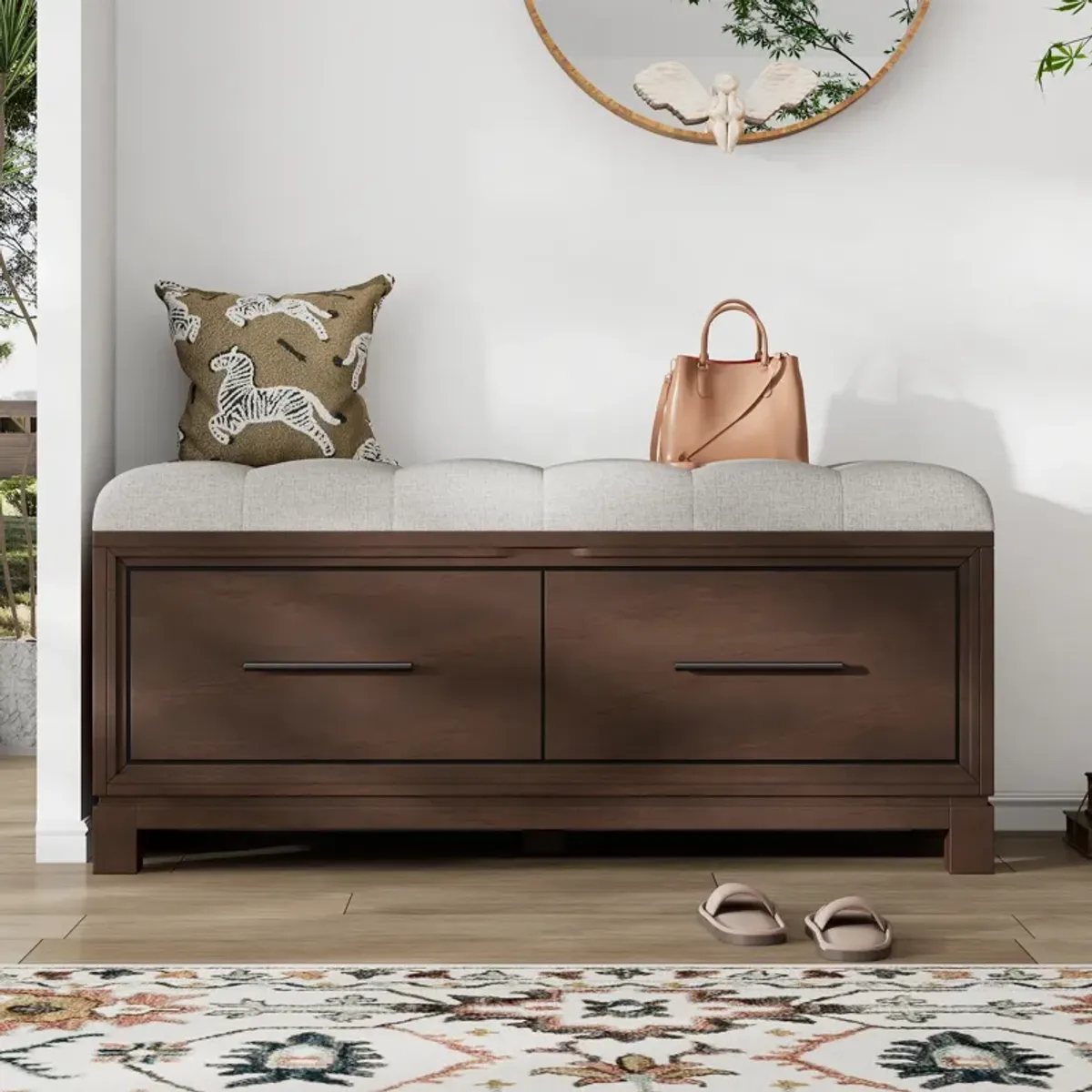 Clihome Shoe Bench with Removable Cushion, Entryway Bench with Hidden Storage for Living Room, Entryway, and Hallways (Natural)