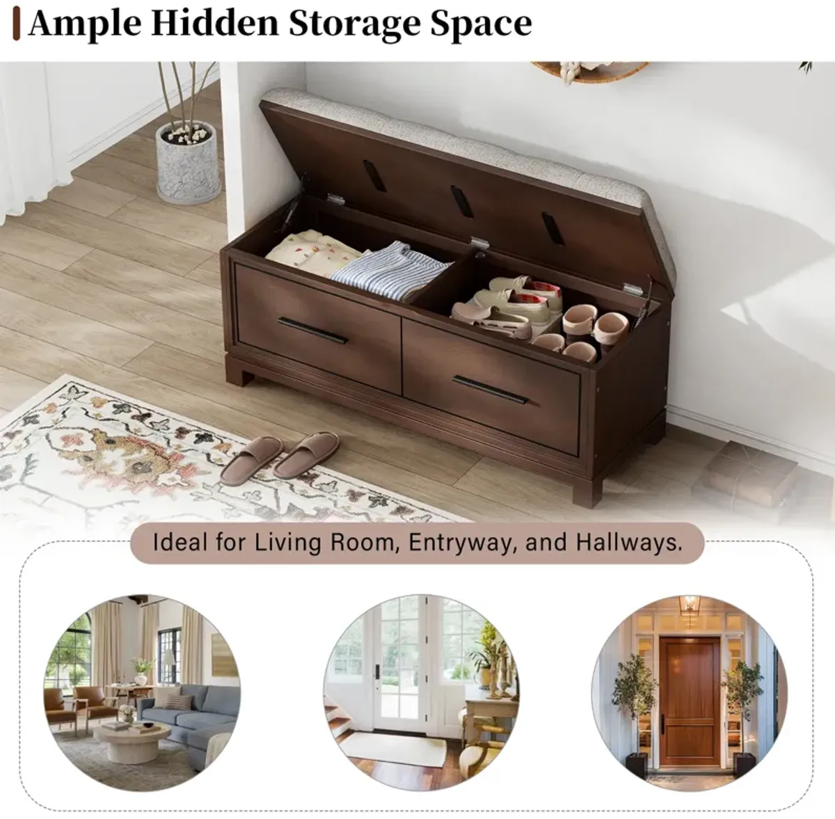 Clihome Shoe Bench with Removable Cushion, Entryway Bench with Hidden Storage for Living Room, Entryway, and Hallways (Natural)